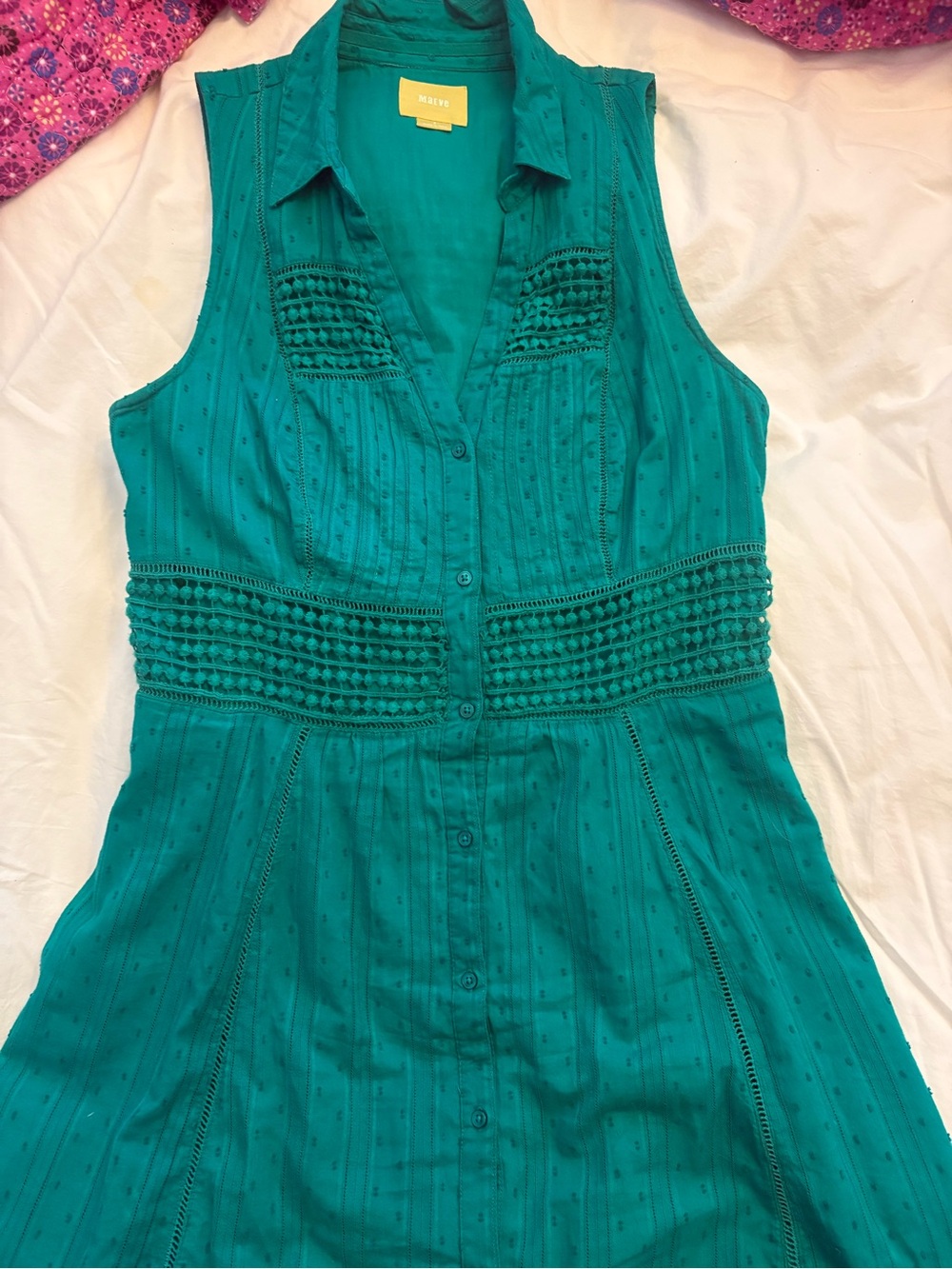 Maeve Gem Green Sleeveless Button-Front Dress with Pintuck Waist